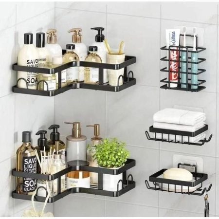 5pcs Set Corner Shower Caddy Shelf/Bathroom Rack Organizer With Adhesive Stickers
