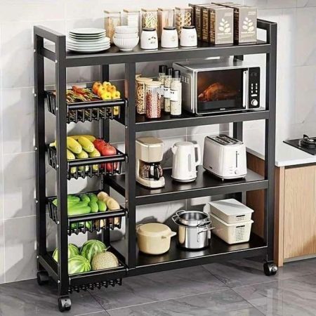 Multifunctional Strong Metallic Kitchen Rack With Movable & Lockable Wheels, Dimensions: 120×32*135cm (L X W X H