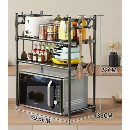 Metallic 2 Layer Microwave Stand Organizer Rack with Side Hooks Kitchen Counter Storage Shelf Heavy Duty Steel Frame Space Saving Multi Purpose Appliance Holder 72cm x 59.6cm x 33cm