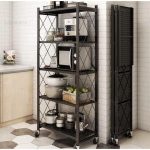 5-Tier Foldable Storage Shelves With Wheels, Folding Metal Rack Shelving Unit, Heavy Duty No Assembly Organizer Shelf For Garage, Kitchen, Basement, Pantry, Black