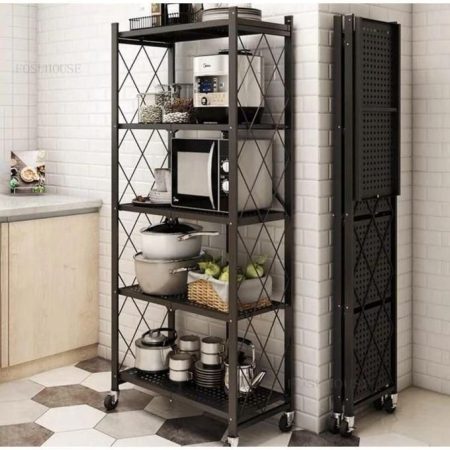5-Tier Foldable Storage Shelves With Wheels, Folding Metal Rack Shelving Unit, Heavy Duty No Assembly Organizer Shelf For Garage, Kitchen, Basement, Pantry, Black