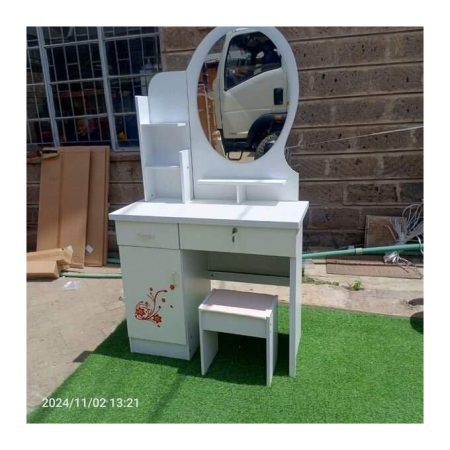 Full Set Dressing Mirror with Seat & Drawers Lockable Storage, Premium MDF, Bedroom Vanity white