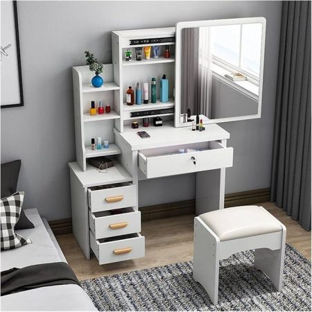 Modern Furniture White Executive Dressing Table with Sliding Mirror and stool/ Seat