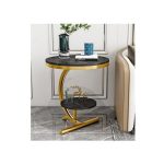 Modern Double Layer Round Side Table – Marble Effect MDF Bedside Cabinet with Gold Metal Frame Coffee Table