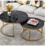 Modern Set of 2, Nest of Tables MDF with Marble effect l White Coffee Table Round Sofa Side Occasional End Table Living Room Balcony l Nesting Tables (1 Large and 1 Small)