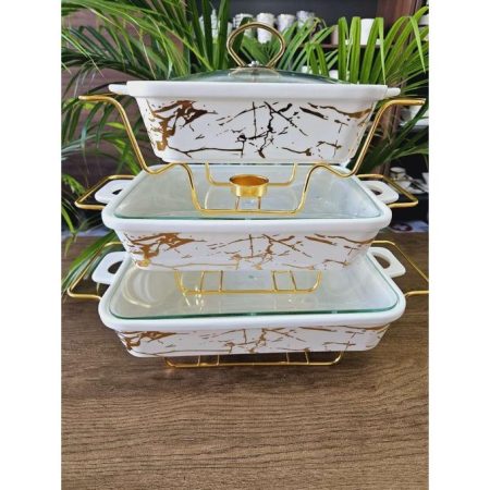 3-Tier Ceramic Chafing Dish Buffet Warmer with Gold Stand