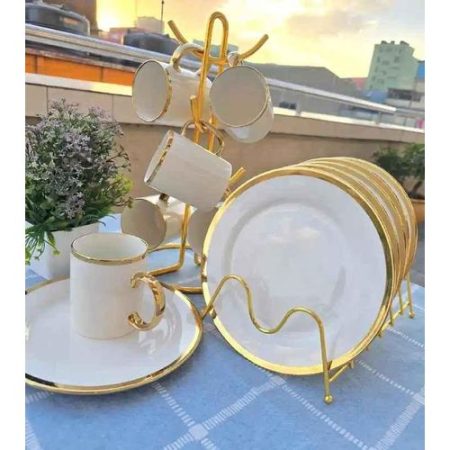 12 All white Gold Ring Dinner Set .Includes 6 cups 6 plates 10.5 inches
