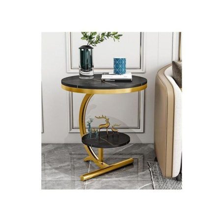 Modern Double Layer Round Side Table – Marble Effect MDF Bedside Cabinet with Gold Metal Frame Coffee Table