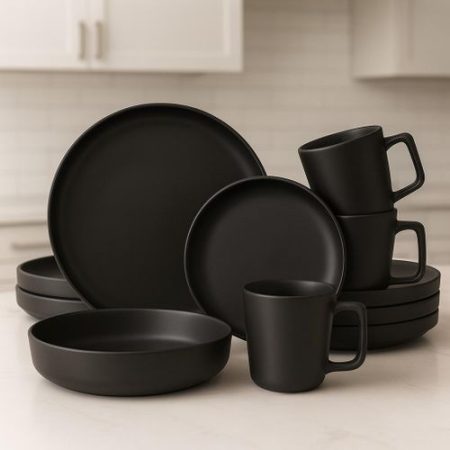 Dinner Set 16pcs Black dinnerware set. 4 Ceramic Mugs, 4 Deep Serving Plates,4 Side Plates,4 Dinner Plates