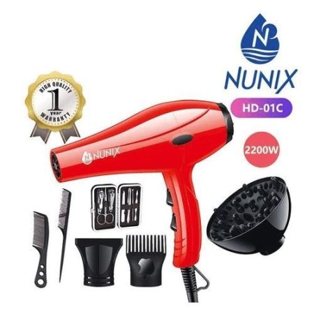 Nunix HD-01C 2200W Blow Dry Hair Dryer With Accessories – Red