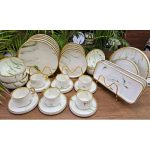 32-Piece Marble Gold Ceramic Dinner Set – Cups, Saucers, Bowls, Plates & Platters