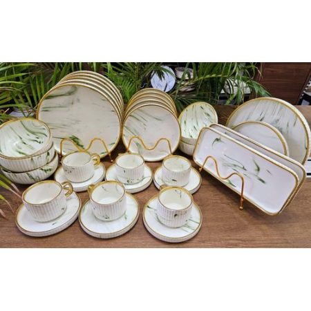 32-Piece Marble Gold Ceramic Dinner Set – Cups, Saucers, Bowls, Plates & Platters