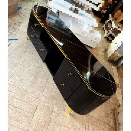 Modern 6ft TV Stand with Marble Top, Gold Accents & Storage Cabinets