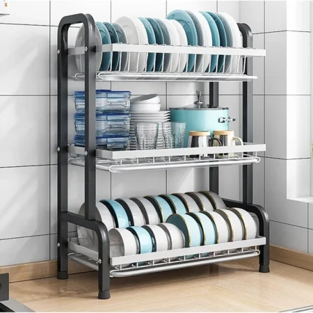3-Tier Stainless Steel Kitchen Dish Drying Rack / Heavy Duty Standing Dish Drainer with Cutlery Holder