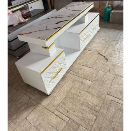 5ft Modern TV Stand with Marble Top and Gold Strip – White and Gold