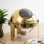 Executive Gold Round Roll Top Chafing Dish Set 6 Litre Stainless Steel with Stay Open Lid for Buffet Serving