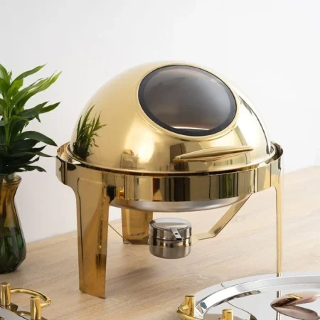 Executive Gold Round Roll Top Chafing Dish Set 6 Litre Stainless Steel with Stay Open Lid for Buffet Serving