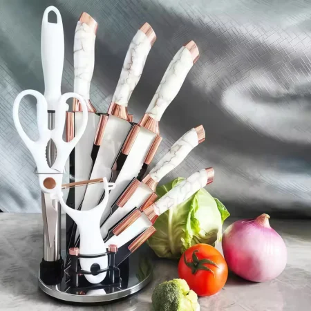 Rose Gold Marble Pattern Paint Knife Set Elegant Durable Household Hotel Restaurant Knife Suit 9 Piece