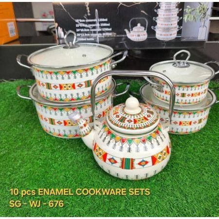 Signature Original Enamel Casseroles & Enamel Kettle Set 5pcs Floral Retro Design